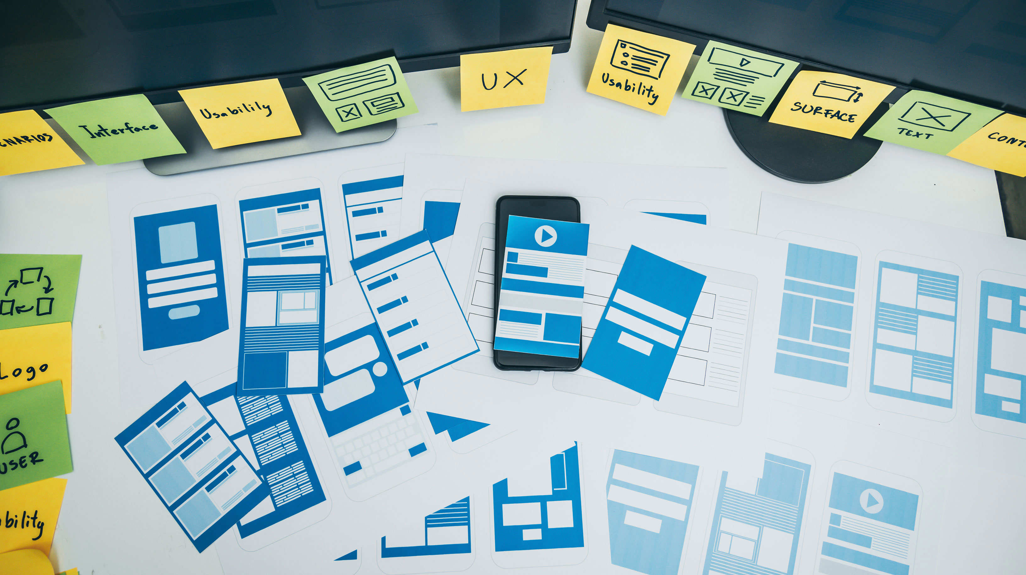 Wireframe designs fro web applications on the desk with sticky notes on computer monitors